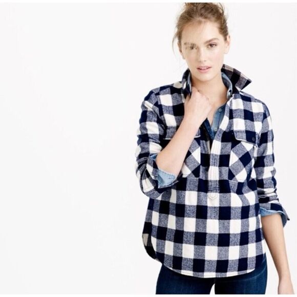 J. Crew Blue Buffalo Plaid Flannel Wool Blend‎ Half Zip Popover Shirt Jacket XS - Picture 1 of 5
